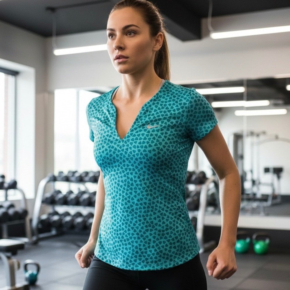 Nike Dri-Fit Womens Teal Geometric Print Split V‎ Neck Athletic Shirt Size Small